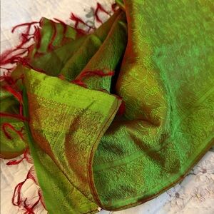 Vibrant Green and Red Scarf 100 % silk 20 x 66 by Sudha India.